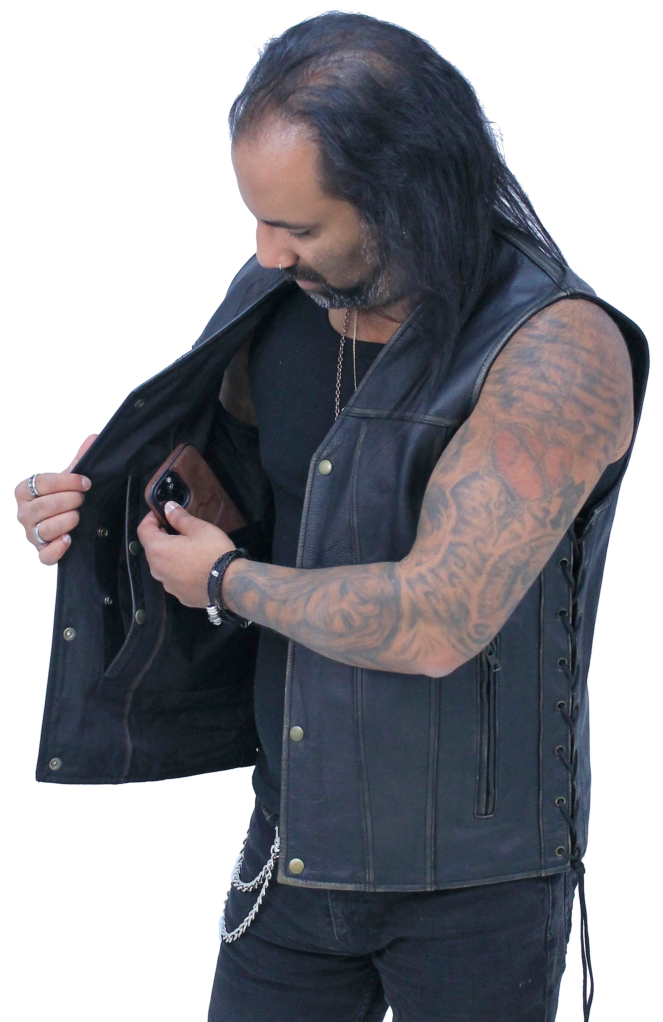 Vintage Brown Side Lace Concealed Pocket Straight Bottom Vest #VMA2612GN () - Image 4