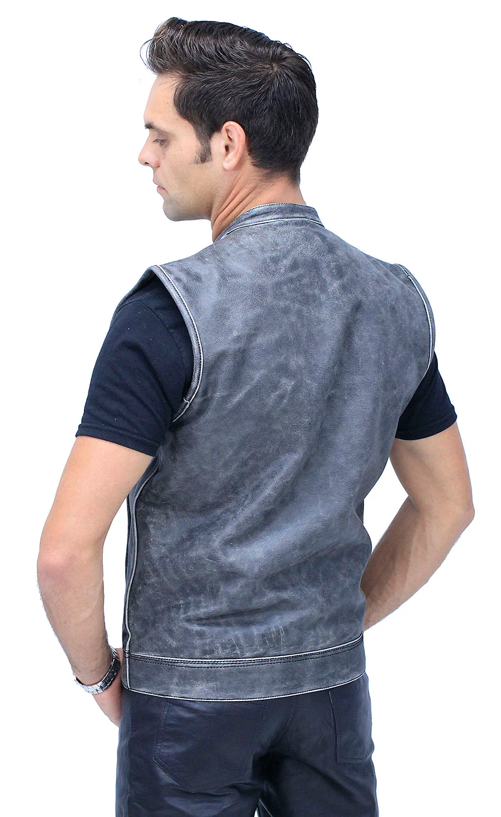Vintage Gray Leather Concealed Pocket Club Vest #VMA6402ZGY - Image 2