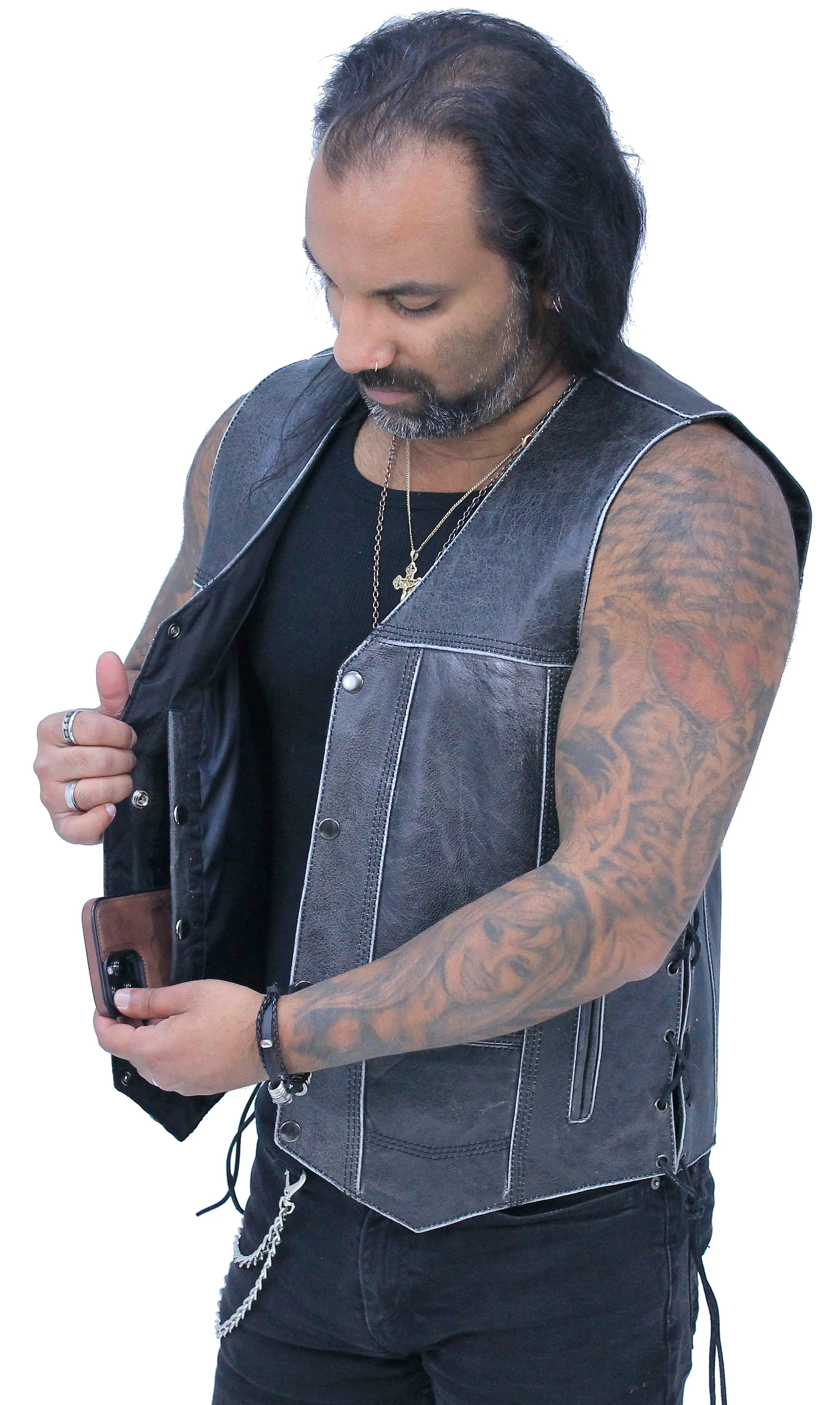 Vintage Gray Leather Side Lace 10 Pocket Vest #VMA964GLGY - Image 3