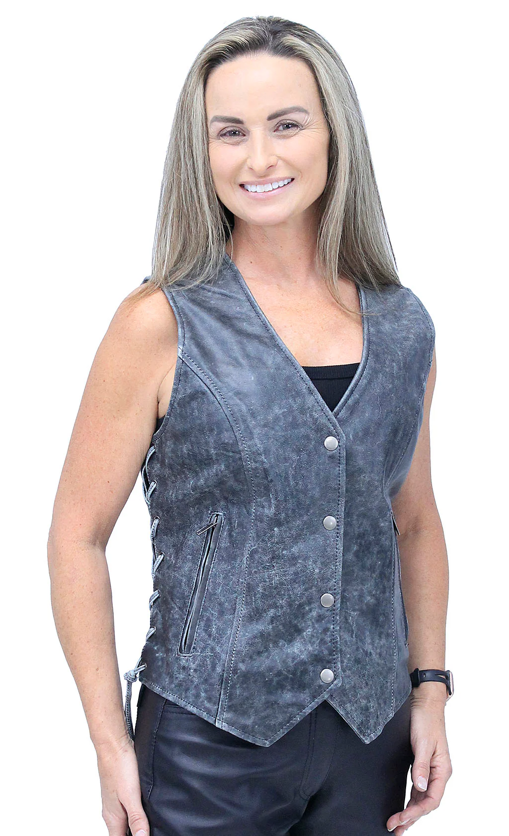 Vintage Gray Side Lace Leather Vest #VL6897LGY - Image 4