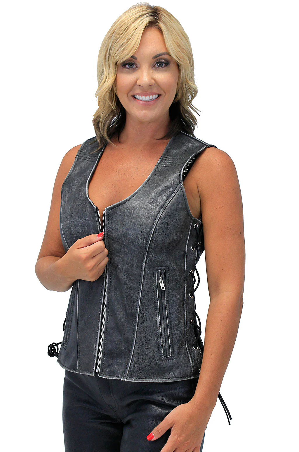 Vintage Gray Women's Dual Concealed Pocket  Side Lace Zip Vest #VLA801GLG - Image 3