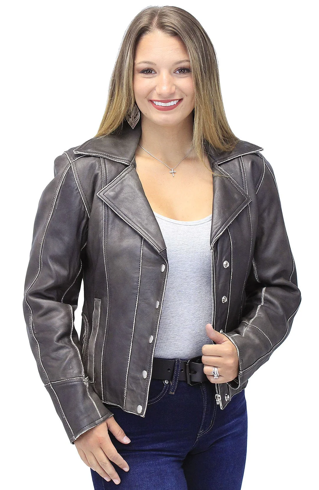 Vintage Leather Motorcycle Jacket for Women #LA4040ZRDN (M-3X)