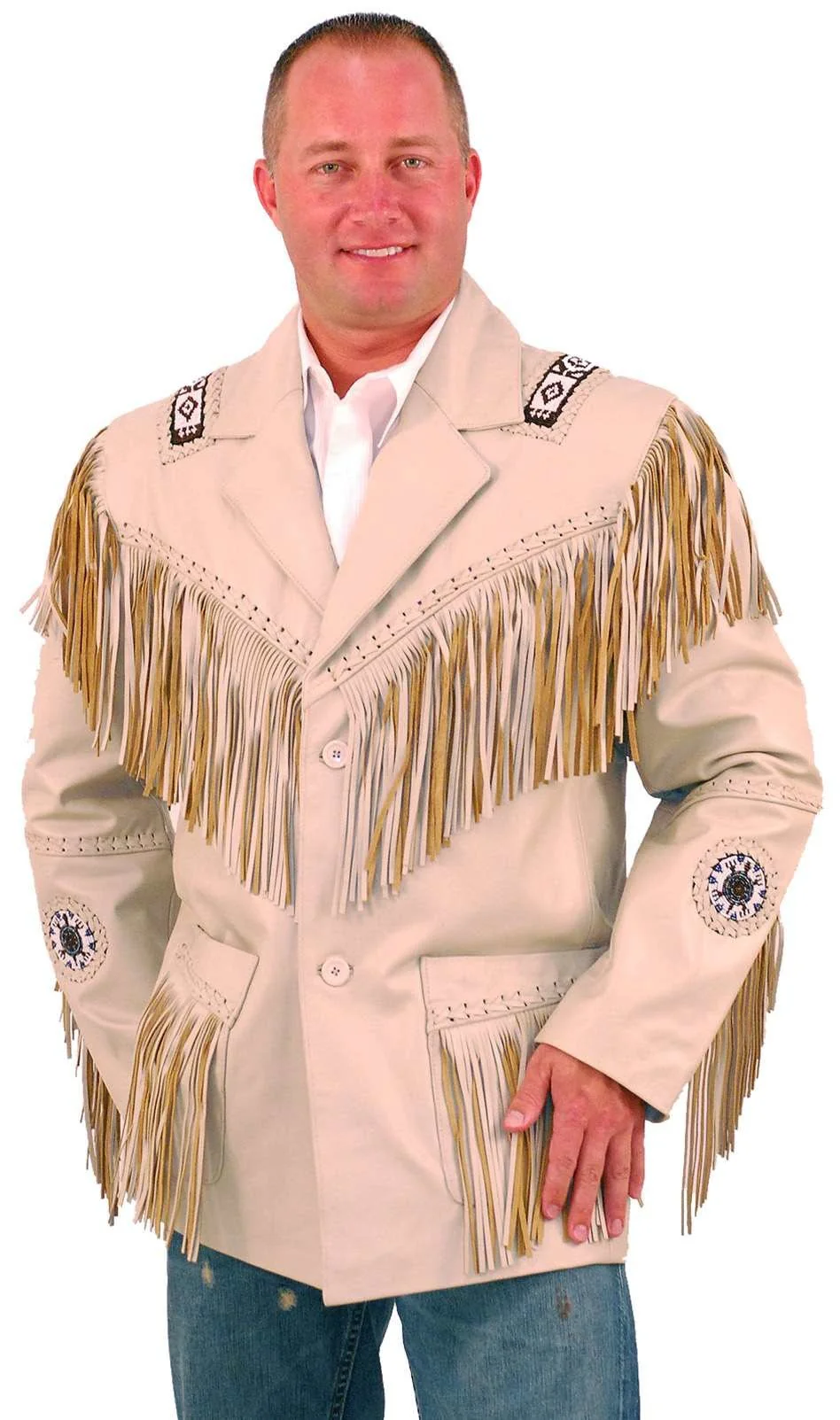 Beige Fringed Leather Blazer Jacket #M2537BBFW - Image 3