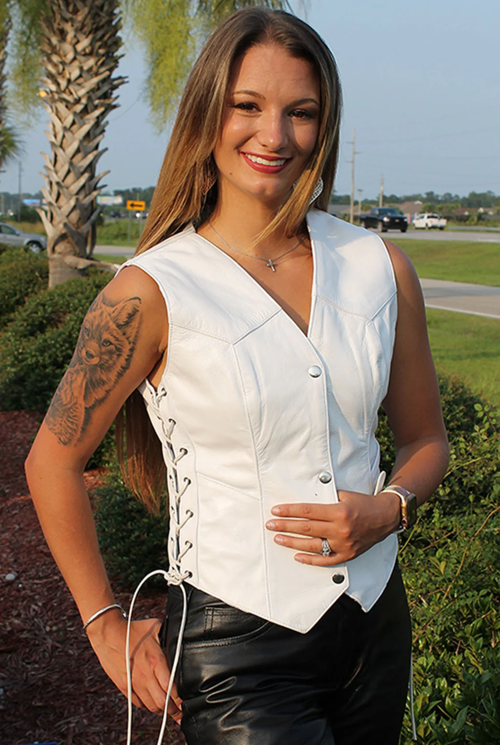 White Long Leather Side Lace Leather Vest #VL2015LW - Image 4