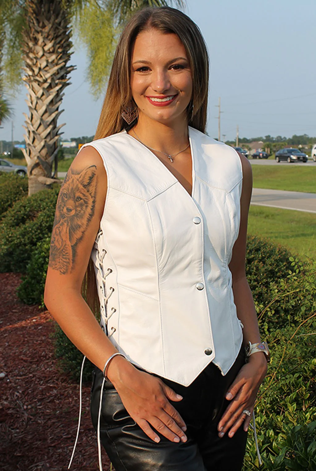 White Long Leather Side Lace Leather Vest #VL2015LW - Image 5