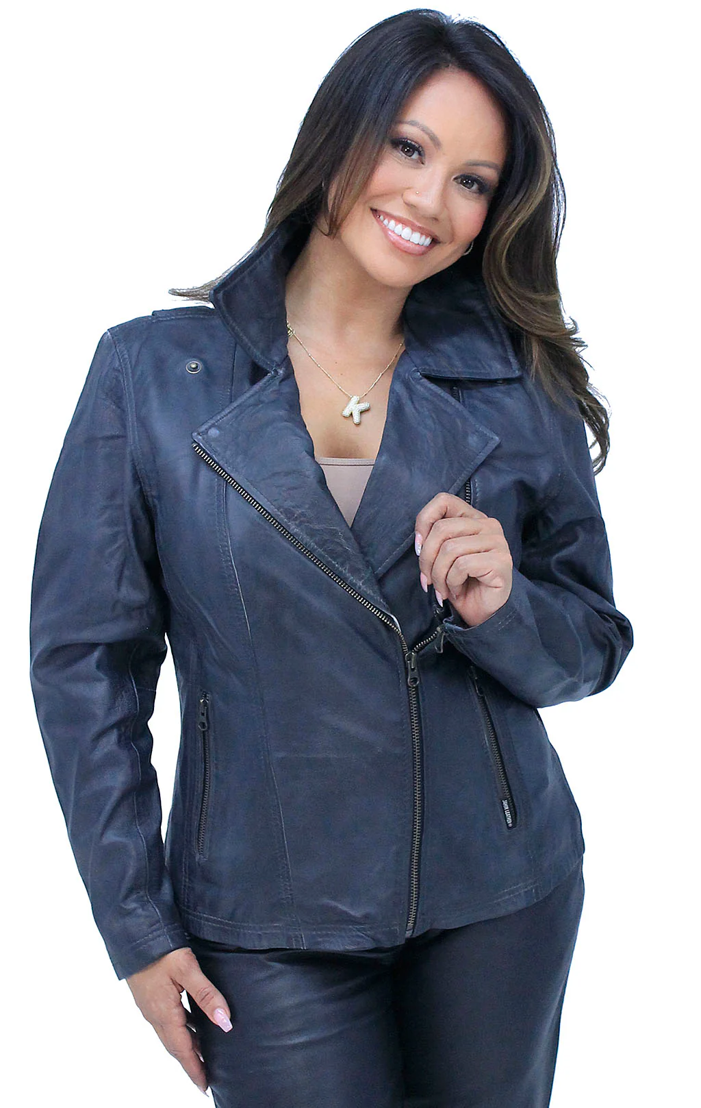 Women's Antiqued Gray Leather Motorcycle Jacket  #L2402GK - Image 6