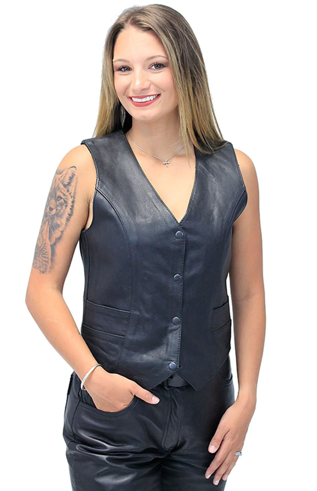 Women's Black Leather Vest with Concealed Pockets #VL2658GK