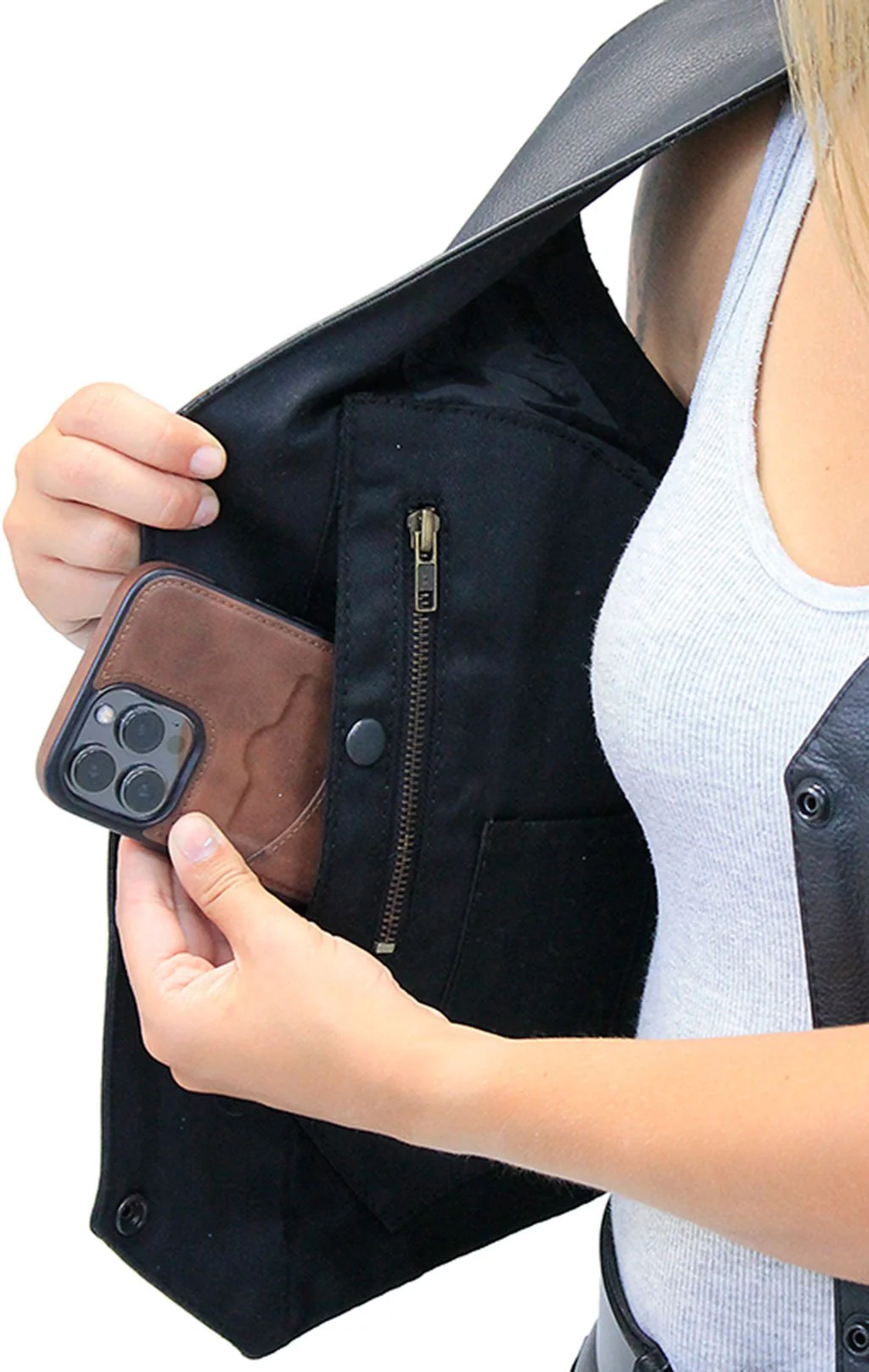 Women's Black Leather Vest with Concealed Pockets #VL2658GK - Image 4