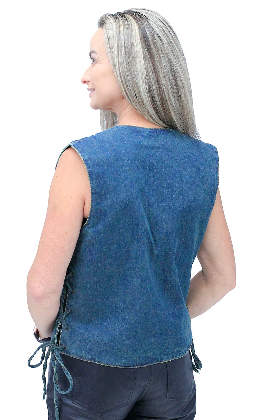 Women's Blue Denim Side Lace Biker Vest #VLC40012LU - Image 2