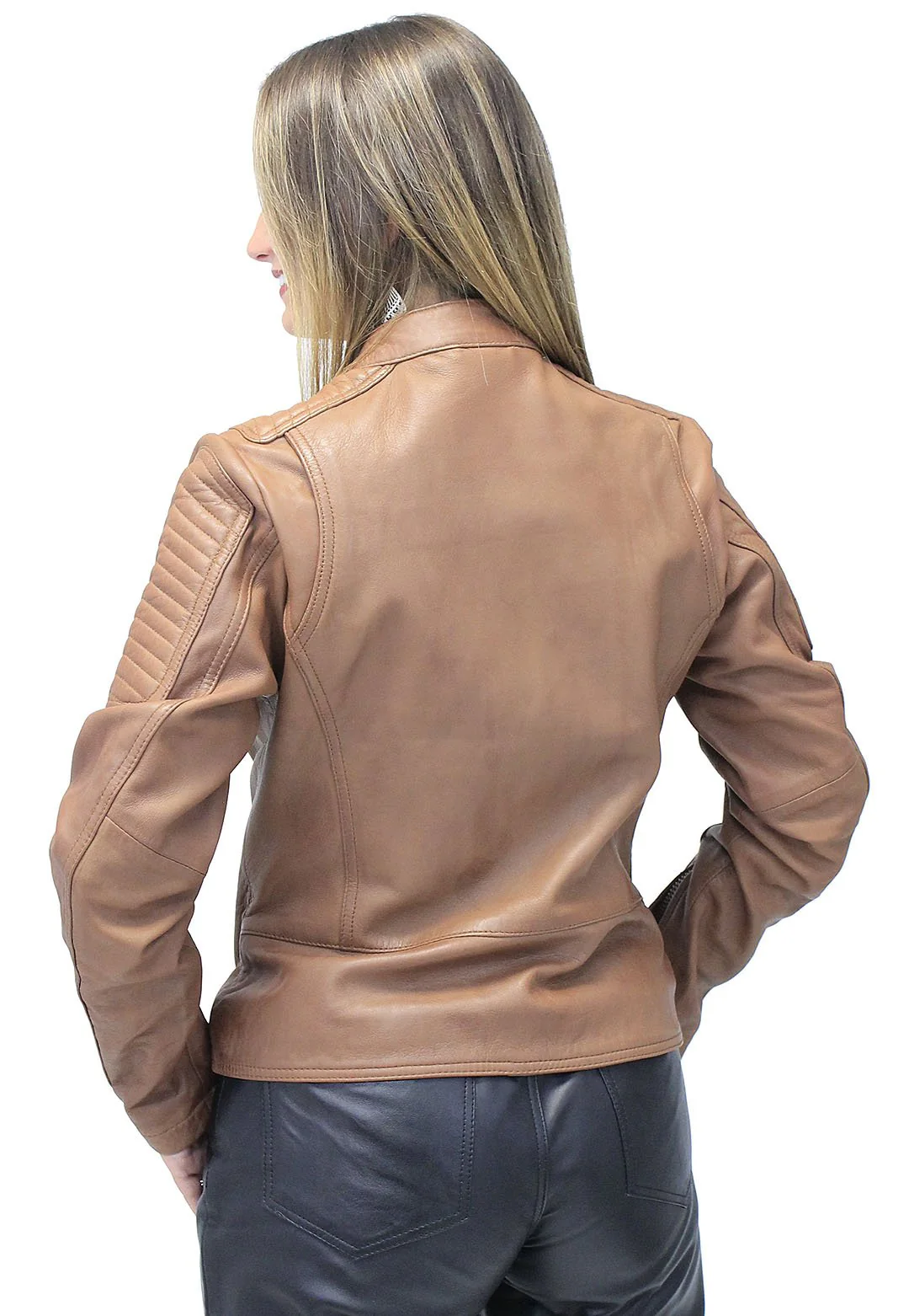 Women's Soft Brown Lambskin Zip Snap Motorcycle Jacket #L1587N (S-5X) - Image 2