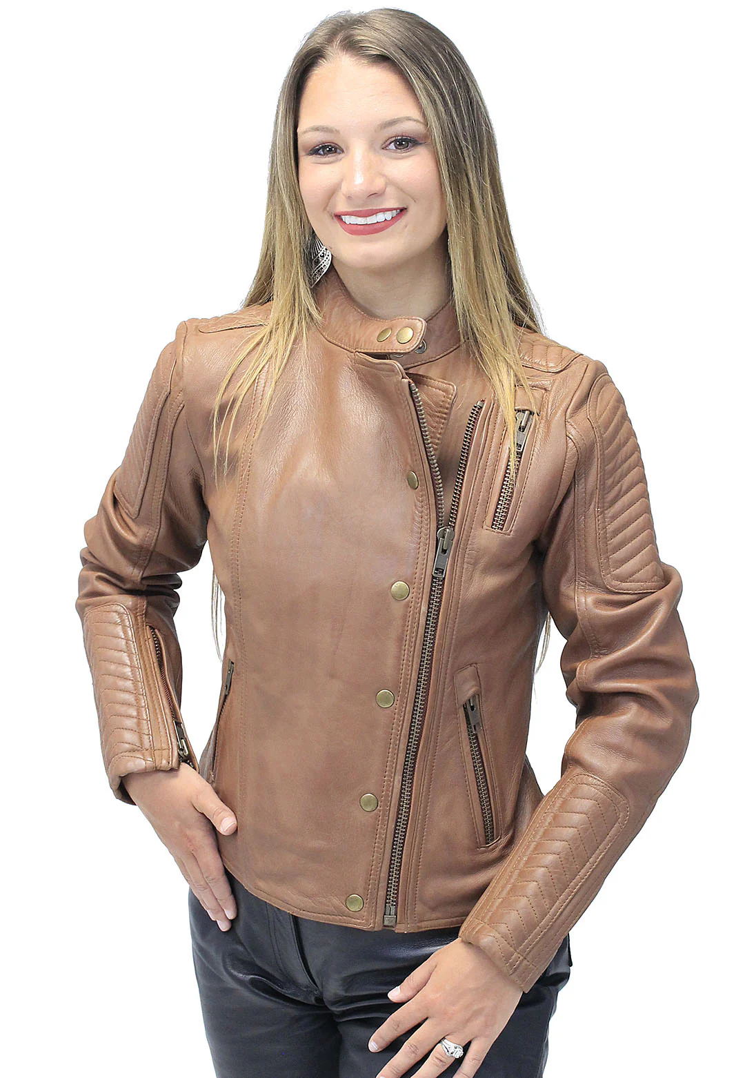 Women's Soft Brown Lambskin Zip Snap Motorcycle Jacket #L1587N (S-5X) - Image 3