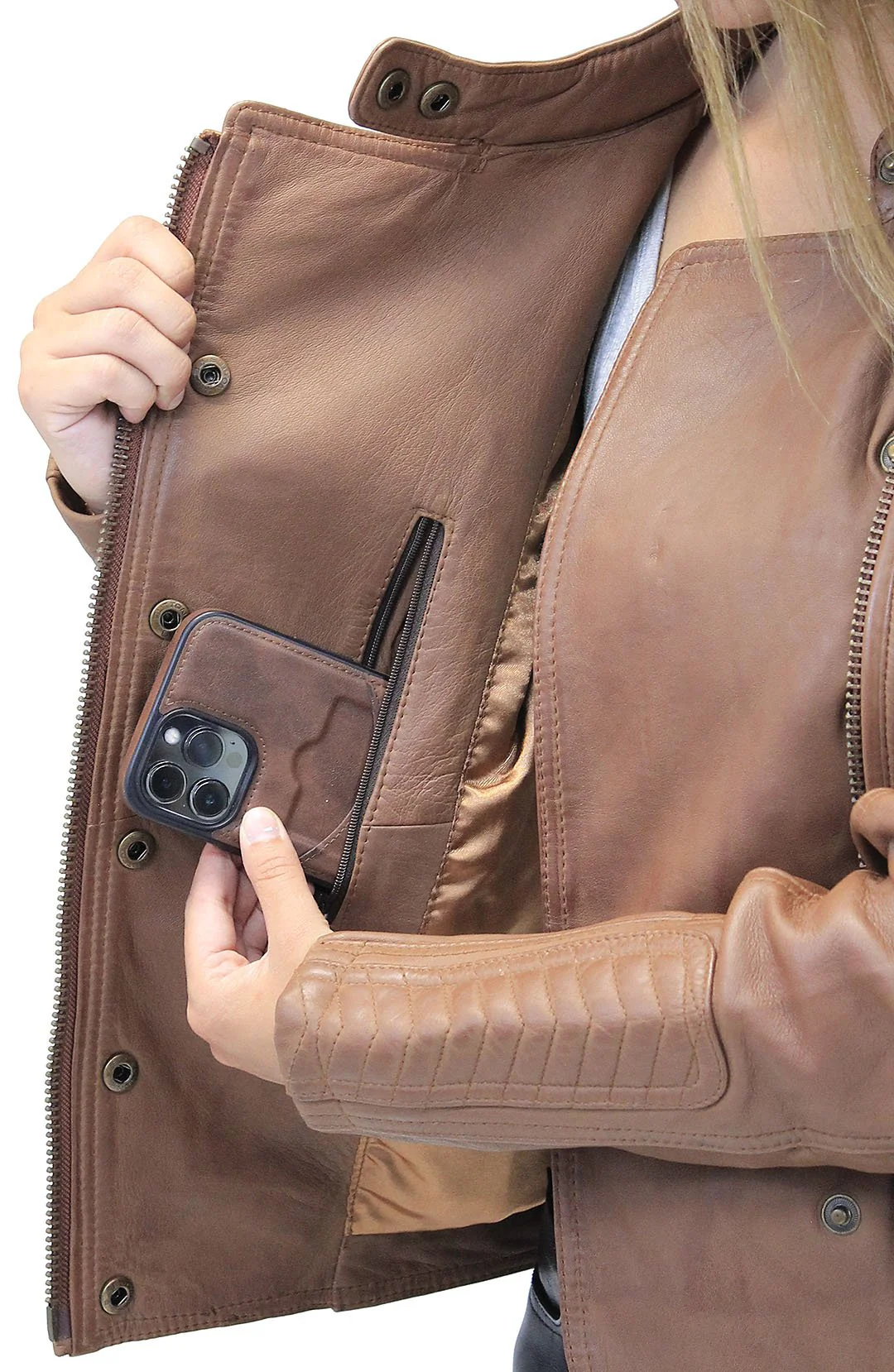 Women's Soft Brown Lambskin Zip Snap Motorcycle Jacket #L1587N (S-5X) - Image 4