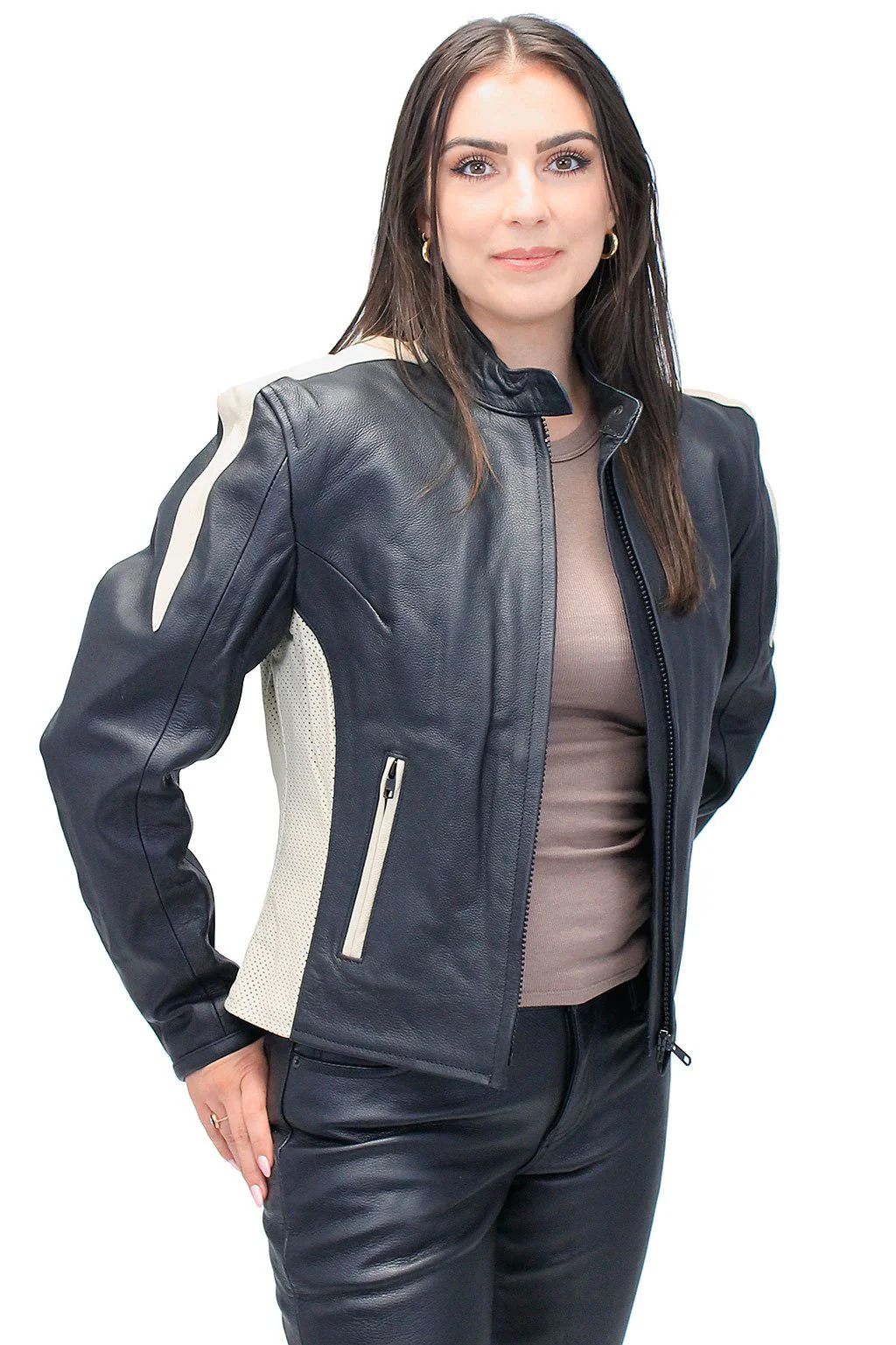 Genuine Leather Women's Cream Trim Vented Motorcycle Jacket #L16910ZC (XS-2X)