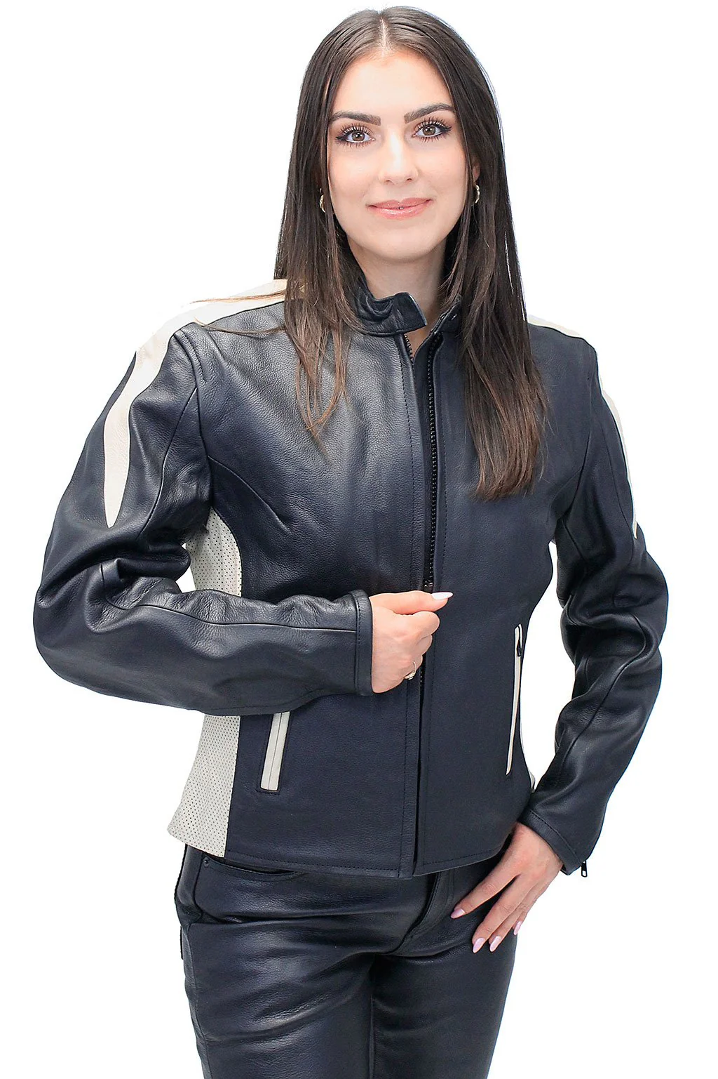 Genuine Leather Women's Cream Trim Vented Motorcycle Jacket #L16910ZC (XS-2X) - Image 5