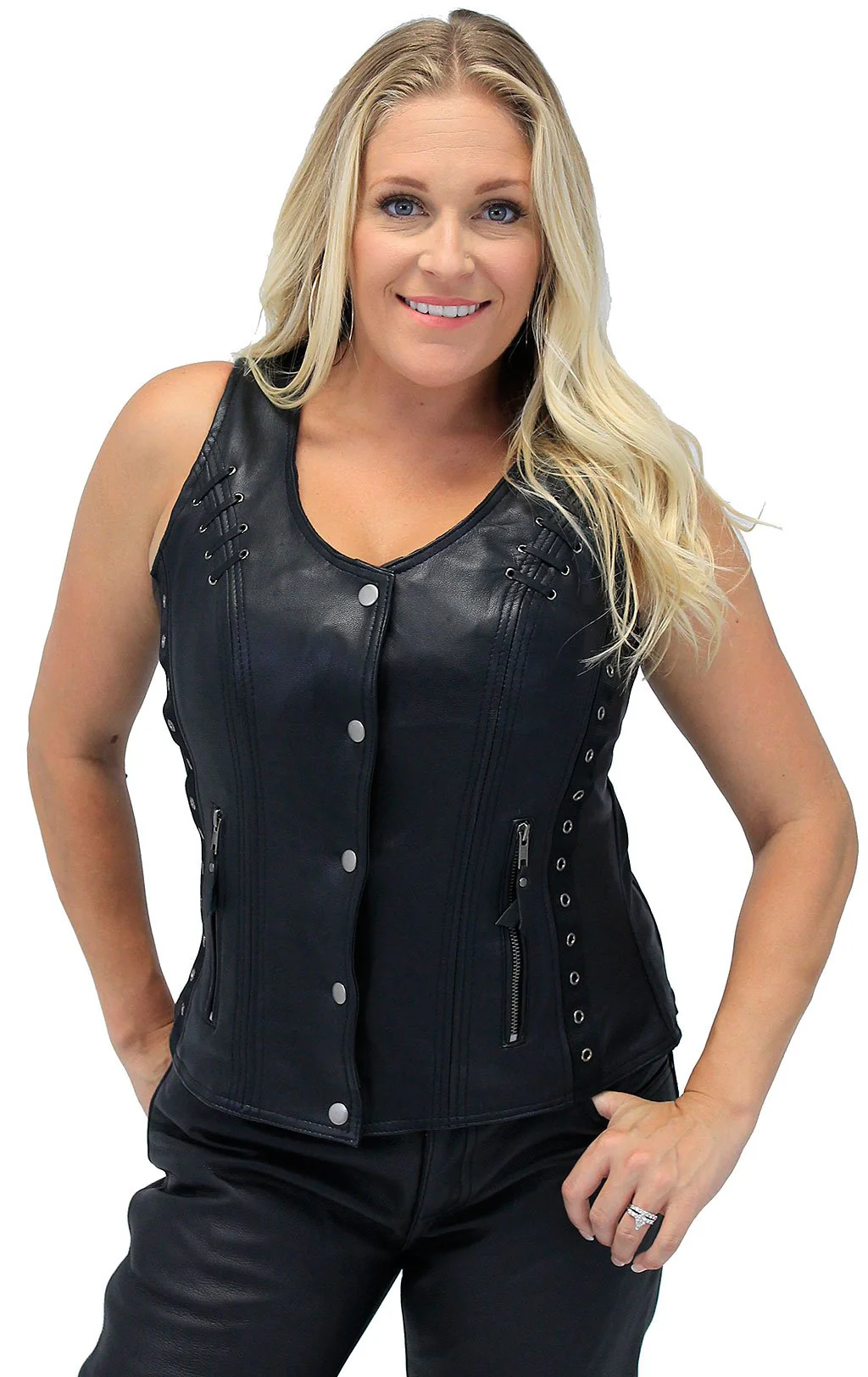 Women's Eyelet Lace Concealed Pocket Black Leather Vest #VL1038EYGK - Image 2