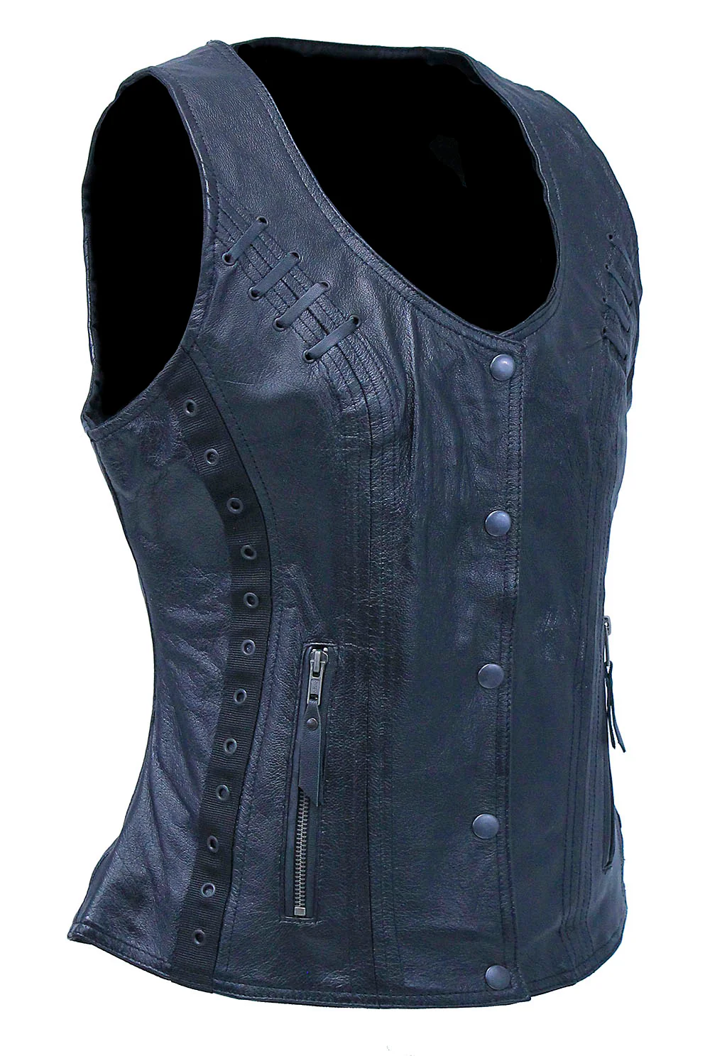 Women's Eyelet Lace Concealed Pocket Black Leather Vest #VL1038EYGK - Image 6