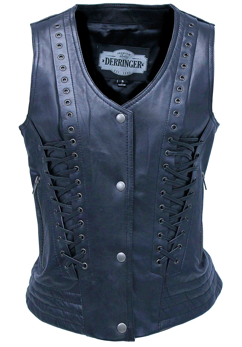Women's Eyelet Trim Laced Up Black Leather Vest #VL6985ELK (S,3X)