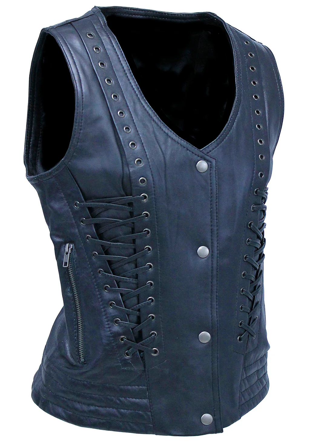 Women's Eyelet Trim Laced Up Black Leather Vest #VL6985ELK (S,3X) - Image 3