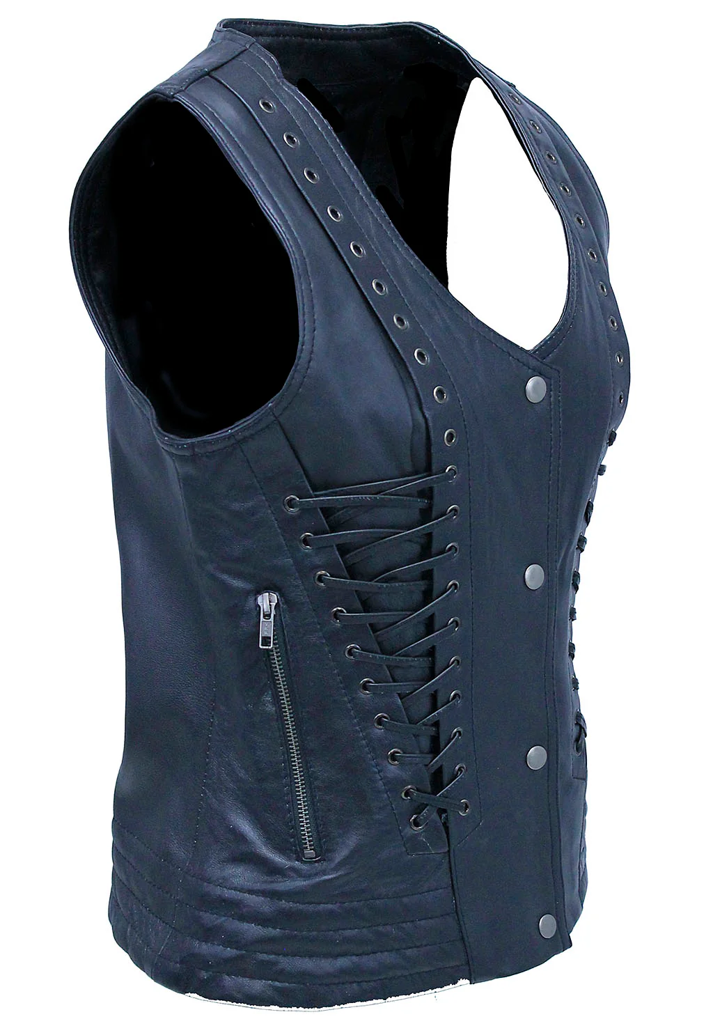 Women's Eyelet Trim Laced Up Black Leather Vest #VL6985ELK (S,3X) - Image 4