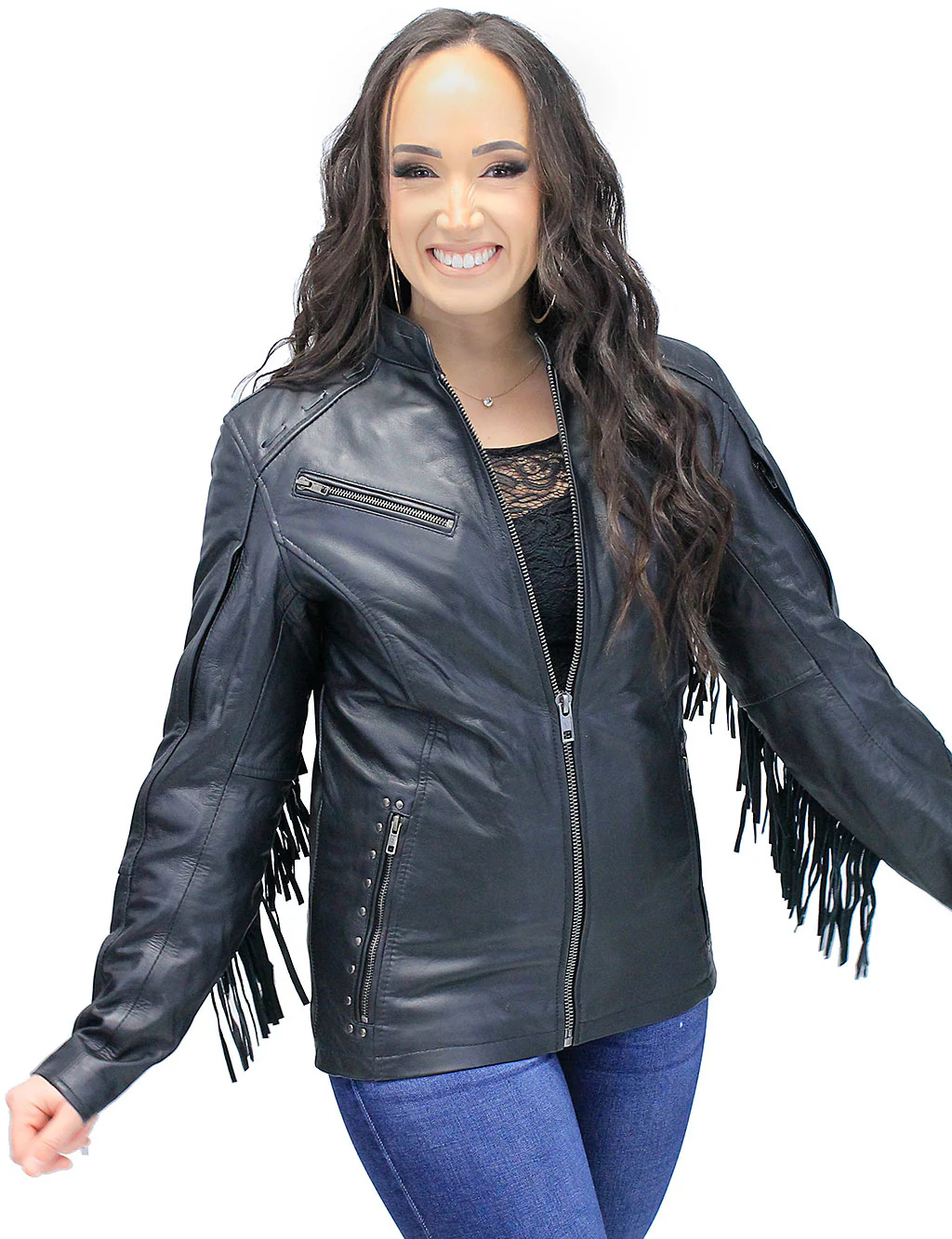 Women's Fringe Leather Jacket with Vents #L704GZRFK - Image 3