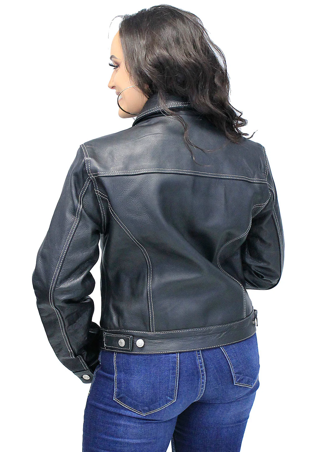 Women's Leather Jean Jacket w/Gray Stitching #L291WK (M-XL) - Image 4