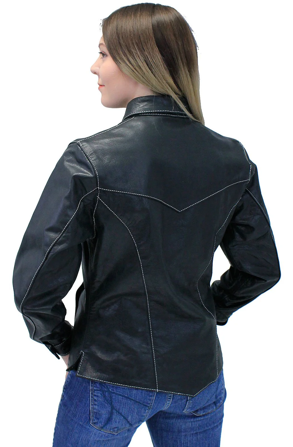 Women's Lightweight Premium Leather Shirt Jacket w/White Stitching #LS431GWK (S-M) - Image 2