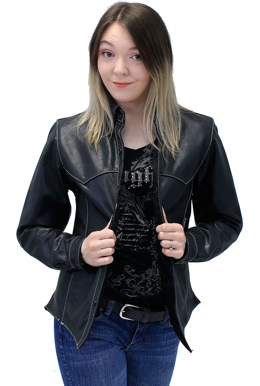 Women's Lightweight Premium Leather Shirt Jacket w/White Stitching #LS431GWK (S-M) - Image 3