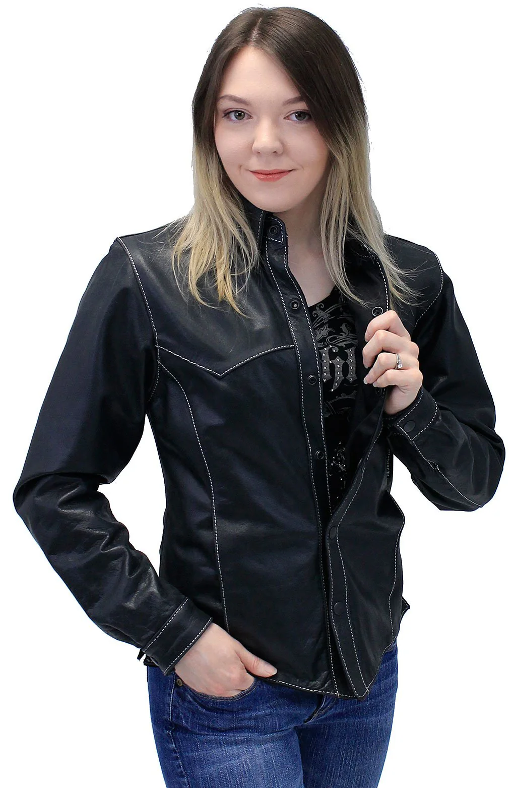 Women's Lightweight Premium Leather Shirt Jacket w/White Stitching #LS431GWK (S-M) - Image 4