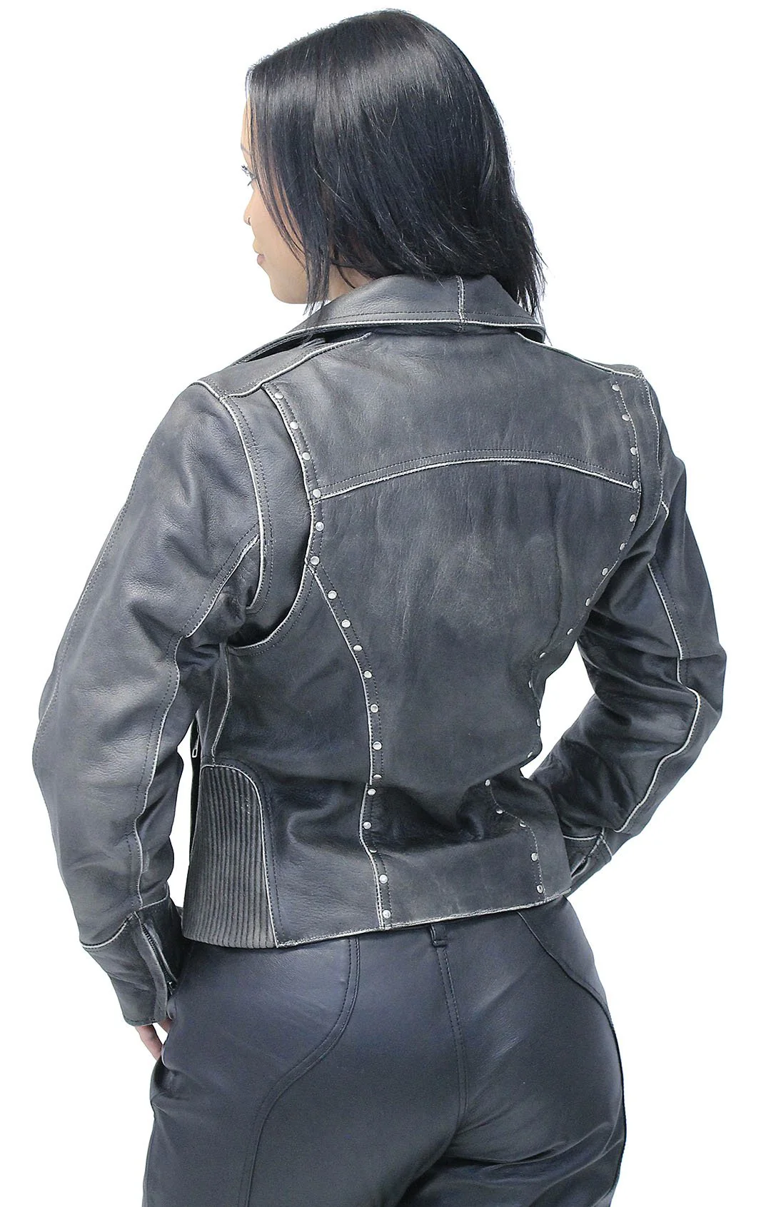 Rivet Trim Vintage Leather Motorcycle Jacket for Women #LA4041ZRDN (S-XL) - Image 2