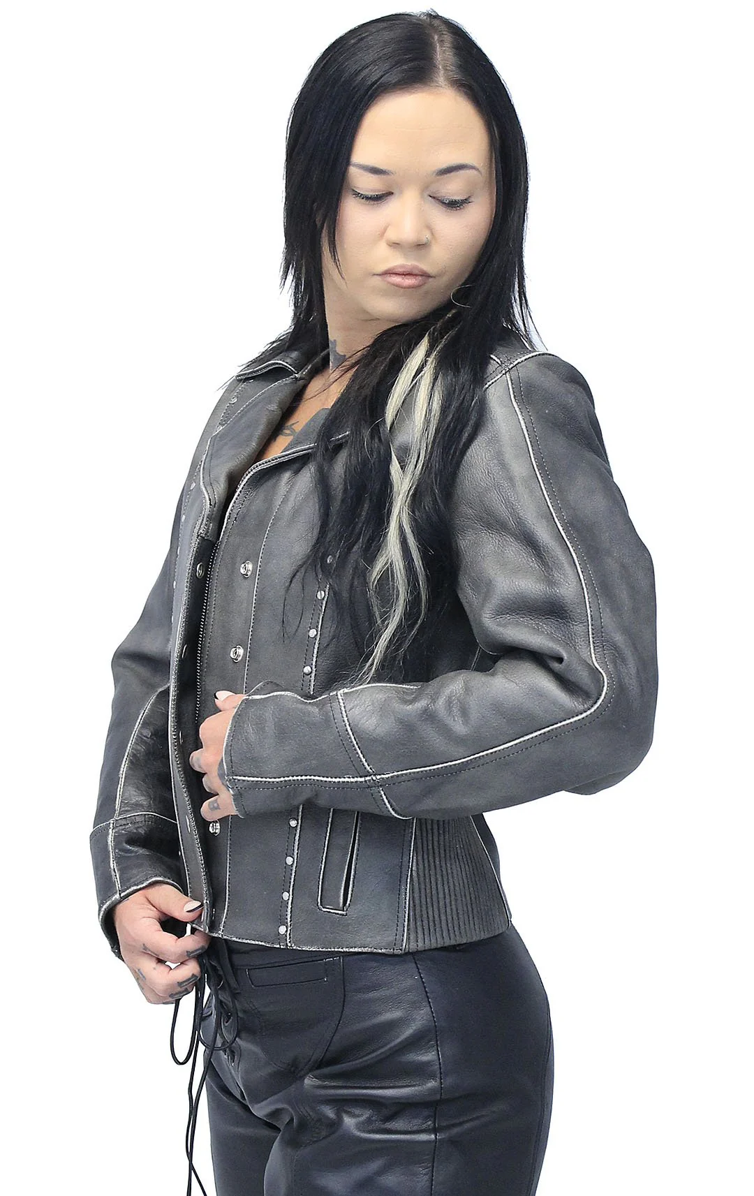 Rivet Trim Vintage Leather Motorcycle Jacket for Women #LA4041ZRDN (S-XL) - Image 3