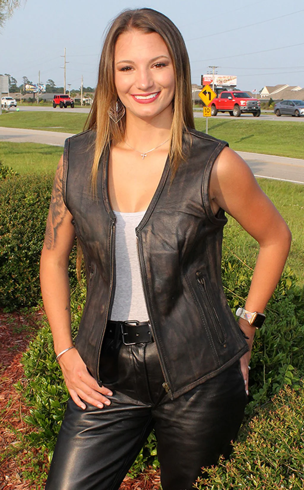 Women's Vintage Brown Conceal Pocket Leather Vest #VLA686GN () - Image 7