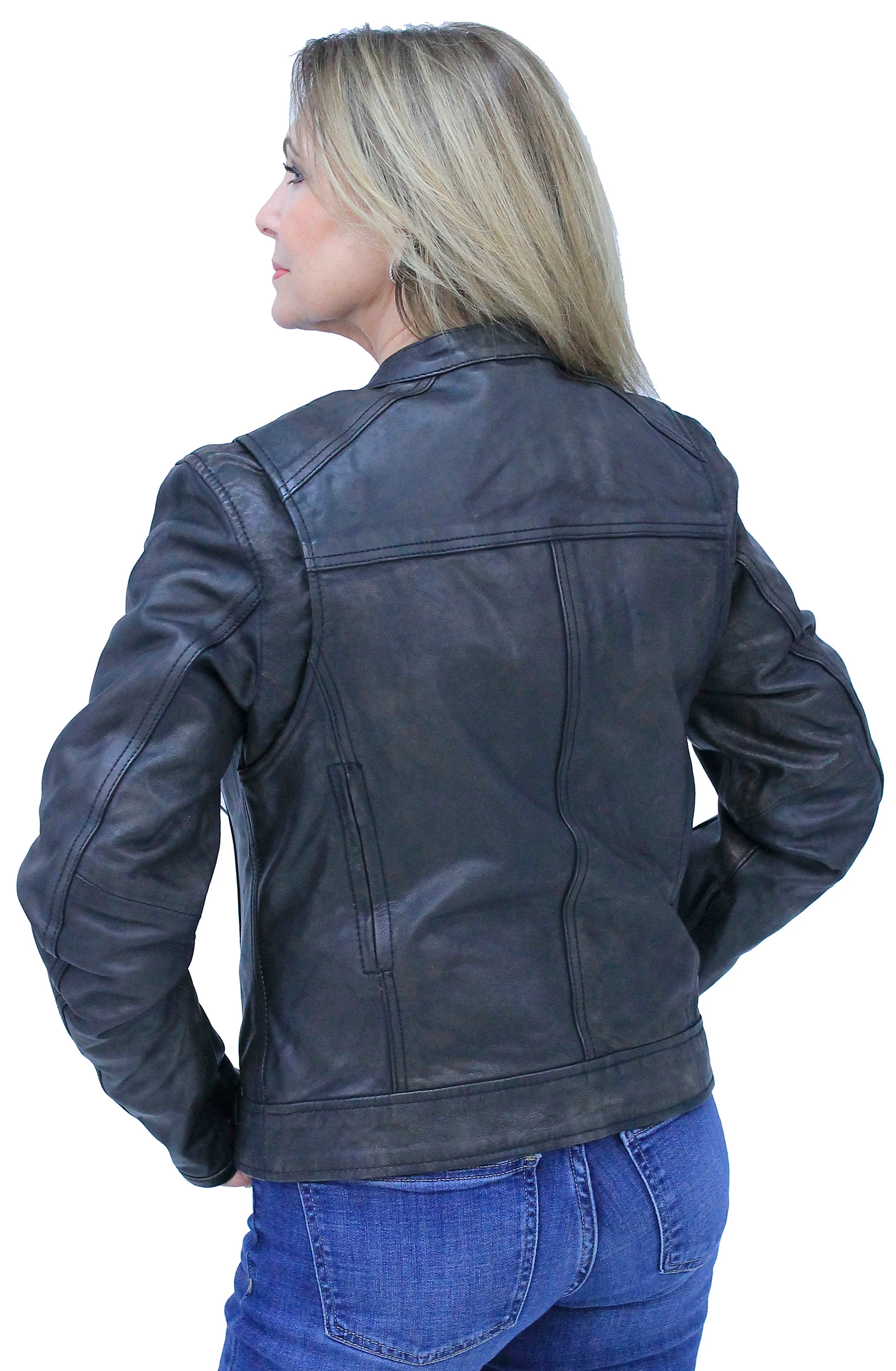 Antiqued Women's Brown Leather Café Racer Jacket #L164VZGN () - Image 6