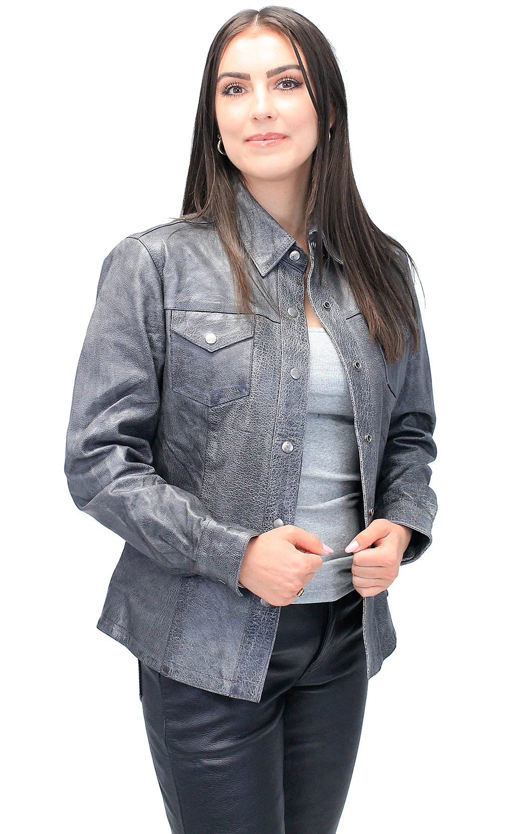 Women's Vintage Gray Leather Shirt #LS8623GY (M-L) - Image 3