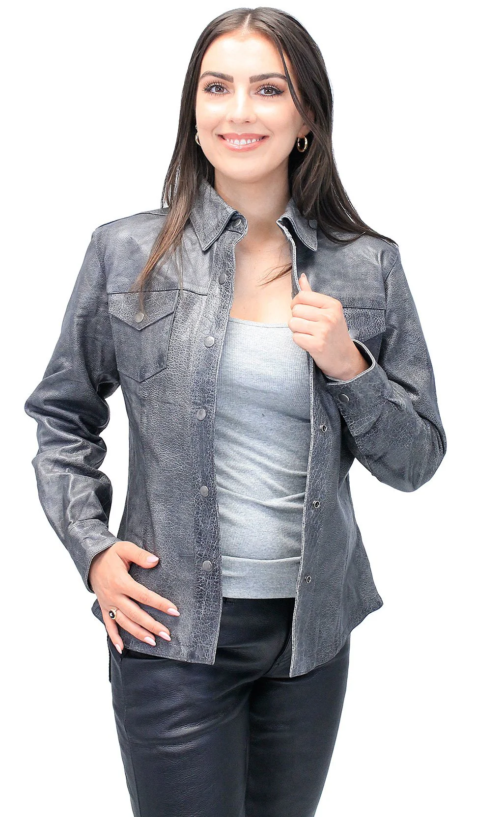 Women's Vintage Gray Leather Shirt #LS8623GY (M-L) - Image 5