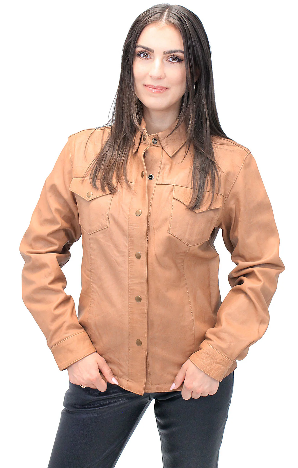 Women's Vintage Tan Soft Lambskin Leather Shirt  #LSA862T (L-5X) - Image 3