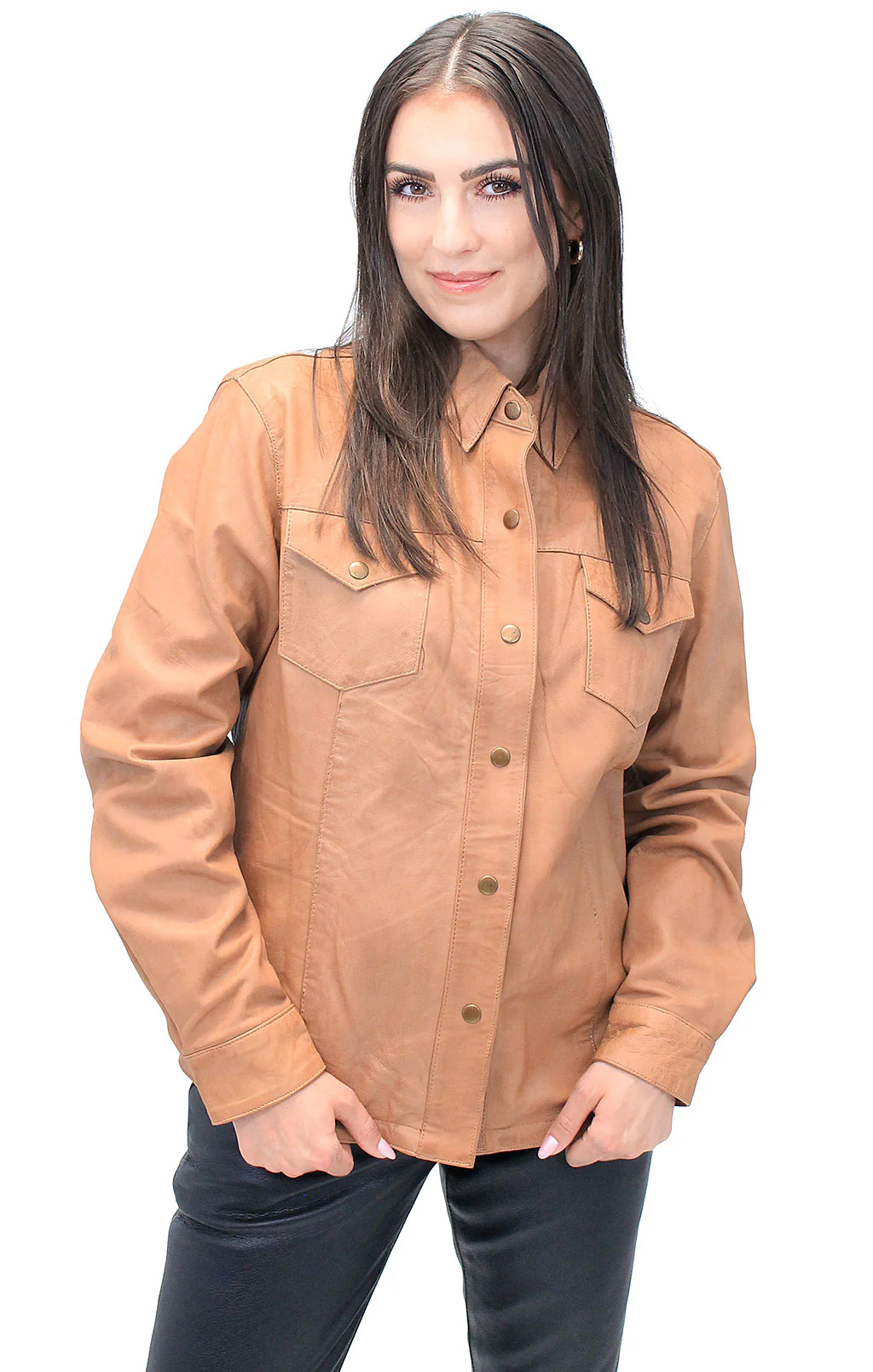 Women's Vintage Tan Soft Lambskin Leather Shirt  #LSA862T (L-5X) - Image 4