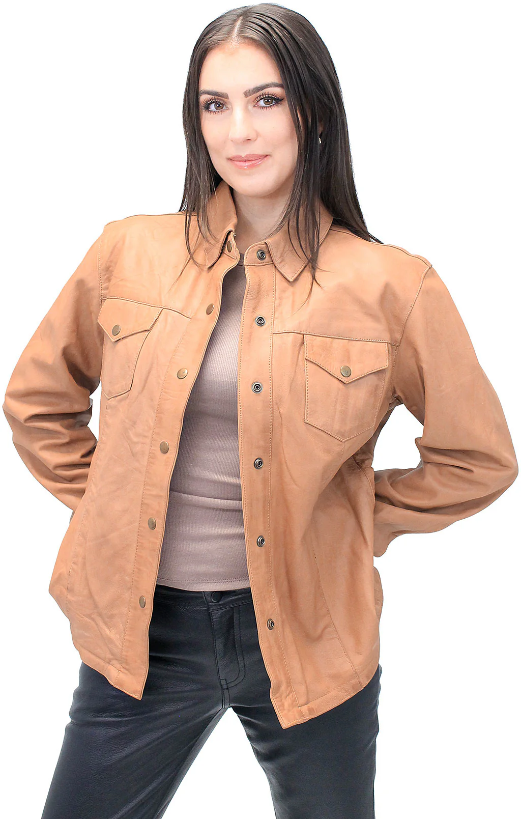 Women's Vintage Tan Soft Lambskin Leather Shirt  #LSA862T (L-5X) - Image 5